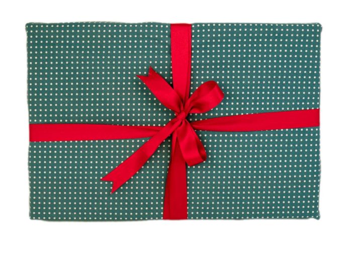 Large board game wrapped in Fabric with Ribbon. Sage Green and White Spotty Cotton.