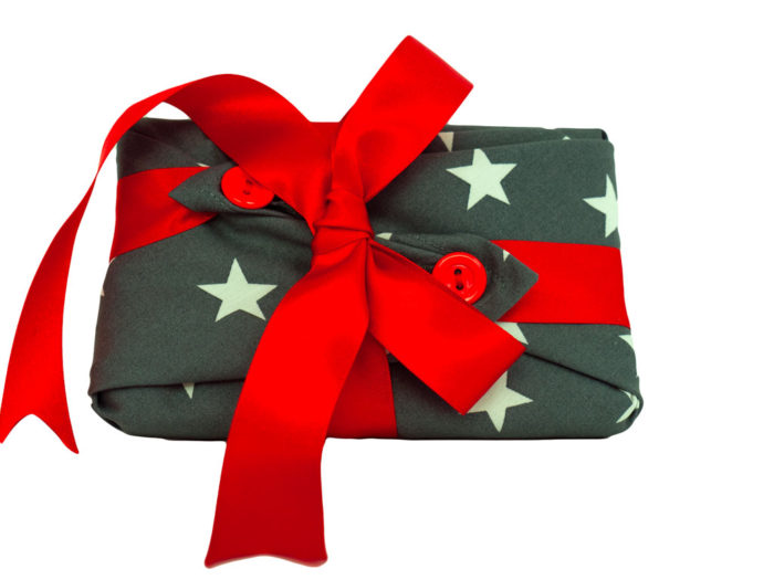 A6 Moleskine notebook wrapped in a SMALL Deep Grey with White star Fabric Gift wrap and ribbon