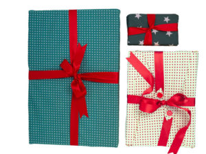 Small, Medium and Large Presents wrapped in Fabric Wrapping