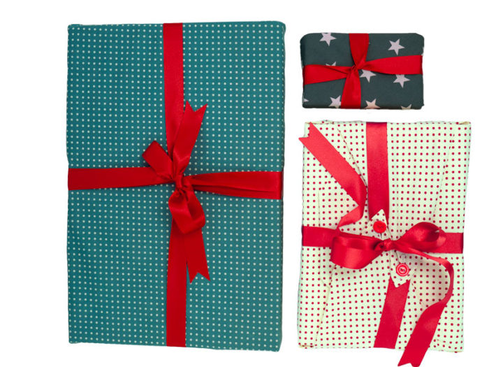 Small, Medium and Large Presents wrapped in Fabric Wrapping