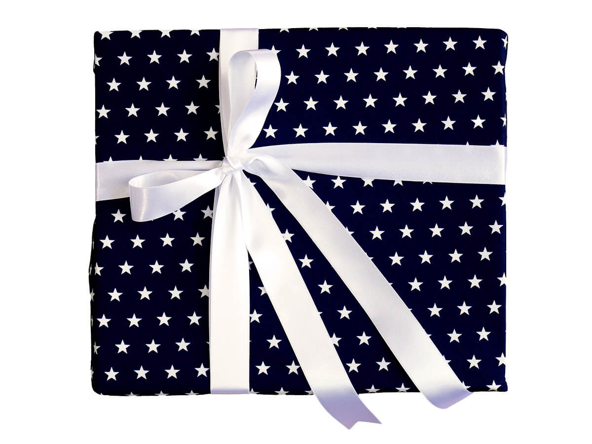 Navy Star, Reusable Fabric Gift Wrap with Ribbon